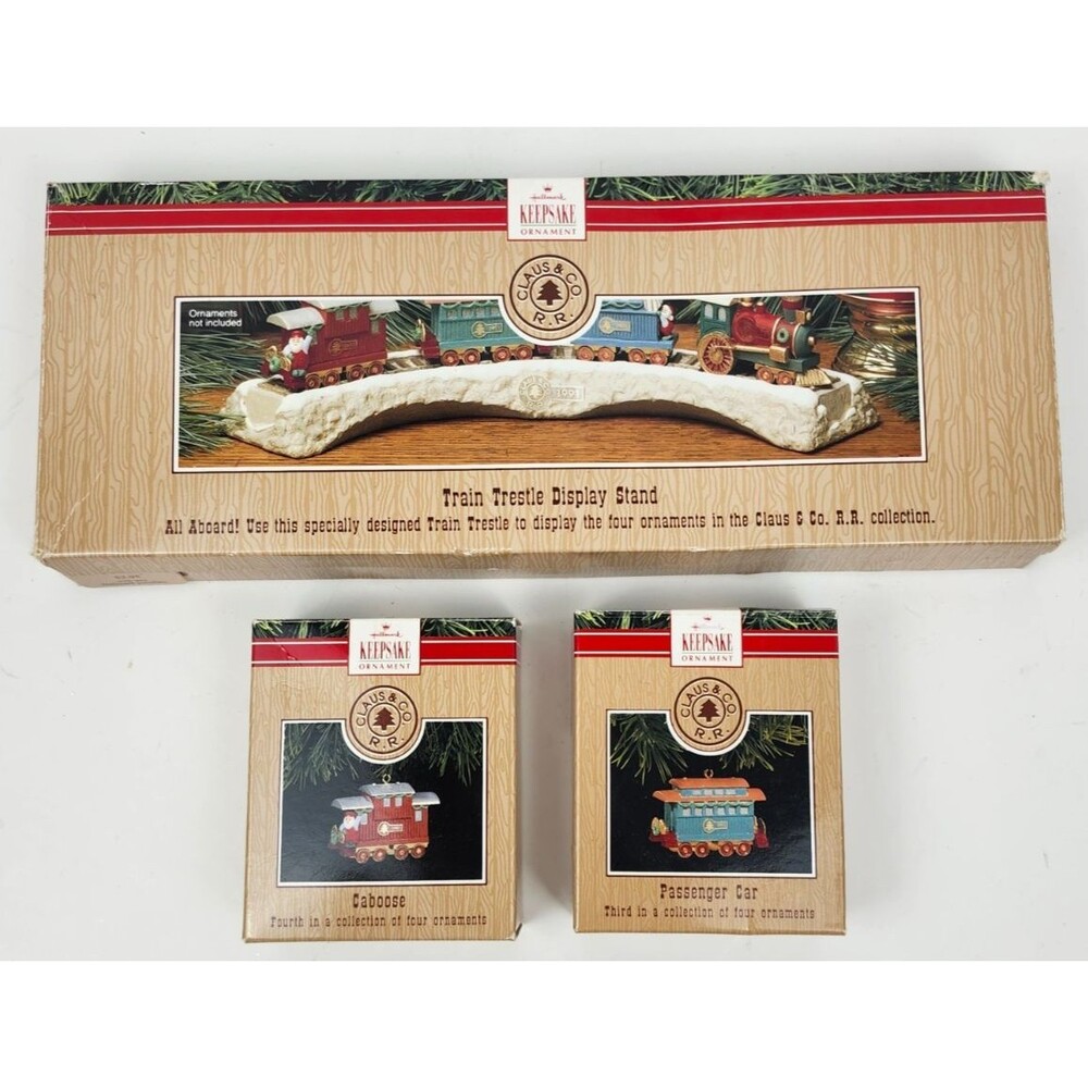 Vintage 1991 Hallmark Train Car Ornaments and Trestle Display Stand Claus & Co.